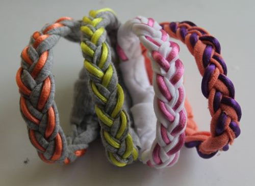 3 Armbänder-Zöpfe: aus Polymerton, Stoff und altem T-Shirt