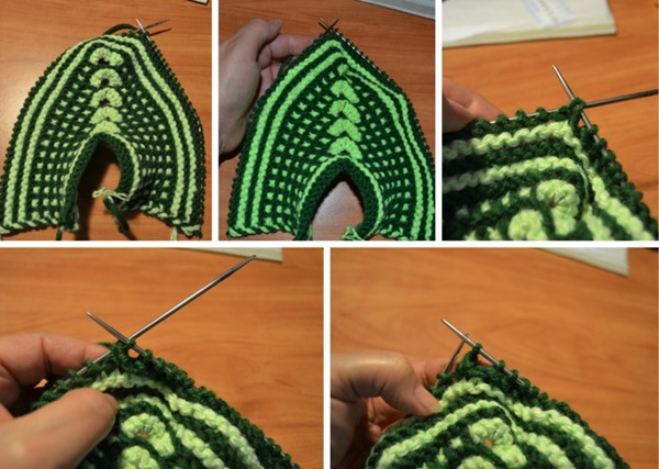 Stricken hausgemachte Hausschuhe mit Stricknadeln