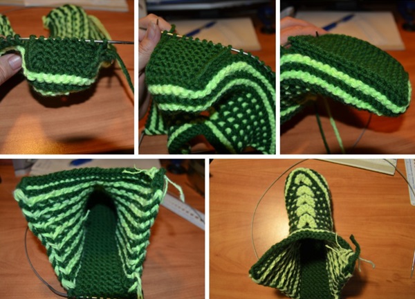 Stricken hausgemachte Hausschuhe mit Stricknadeln