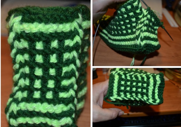 Stricken hausgemachte Hausschuhe mit Stricknadeln