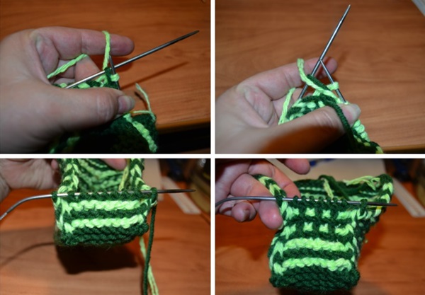 Stricken hausgemachte Hausschuhe mit Stricknadeln