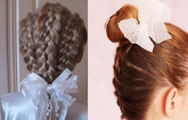 Modische Frisuren mit Schleifen am 1. September für langes und mittleres Haar