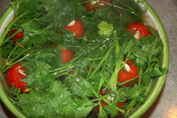 Frisch gesalzene Tomaten in einer Tasche und in einem Kochtopf