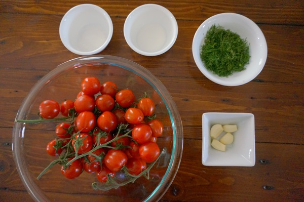 Frisch gesalzene Tomaten in einer Tasche und in einem Kochtopf