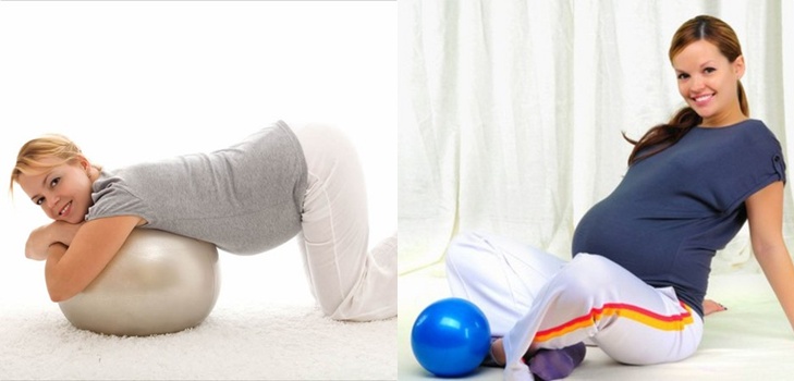 Effektive Gymnastik für schwangere Frauen auf fitball